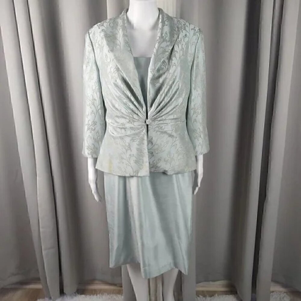 Jessica Howard Evenings 2Pc Sage Jacquard Sheath Dress Jacket Set Size 10 - Picture 2 of 16